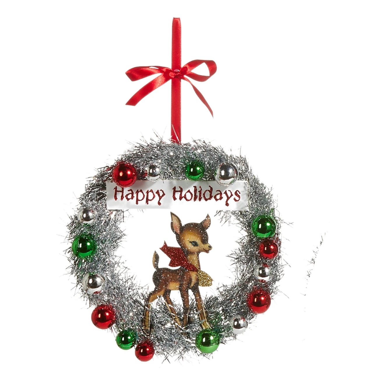 Vintage Reindeer In Silver Wreath "Happy Holidays" Christmas Ornament 3 Vintage Reindeer In Silver Wreath "Happy Holidays" Christmas Ornament