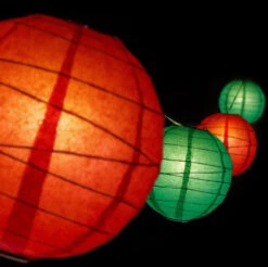 10" Christmas Holiday Red And Green Paper Lantern LED String Light COMBO Kit (21 FT, EXPANDABLE, White Cord)