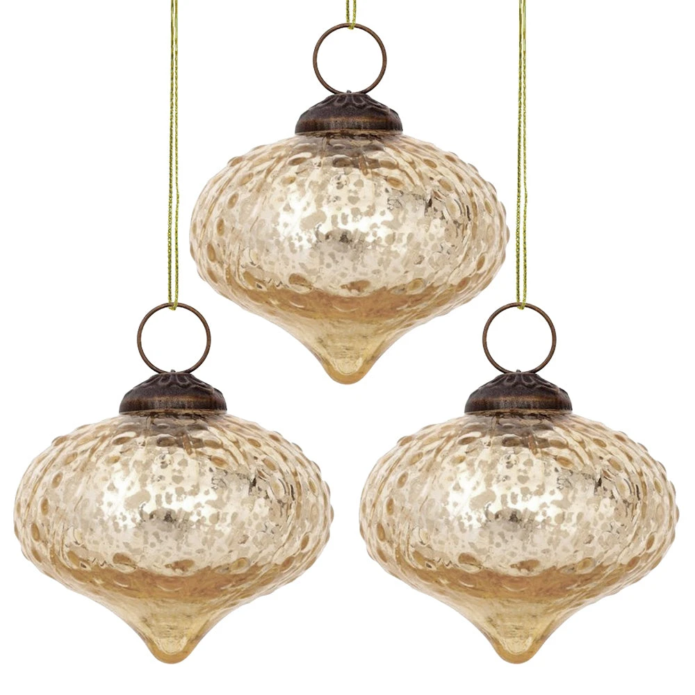 3-PACK | 2.75" Gold Tania Mercury Glass Dotted Drop Ornament Christmas Decoration 3 3-PACK | 2.75" Gold Tania Mercury Glass Dotted Drop Ornament Christmas Decoration
