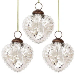 3-PACK | 3" Silver Viola Mercury Glass Heart Ornament Christmas Tree Decoration