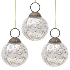 3-PACK | 3" Silver Penina Mercury Glass Round Faceted Ornament Christmas Decoration