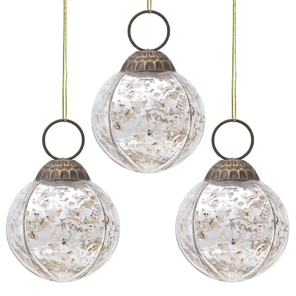 3-PACK | 3" Silver Penina Mercury Glass Round Faceted Ornament Christmas Decoration 3 3-PACK | 3" Silver Penina Mercury Glass Round Faceted Ornament Christmas Decoration