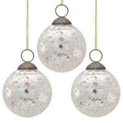3-PACK | 3" Silver Lana Mercury Crackle Ball Glass Ornament Christmas Tree Decoration