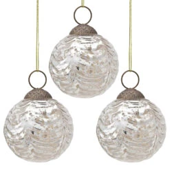 3-PACK | 2.5" Silver Nola Mercury Glass Waved Ball Ornament Christmas Decoration