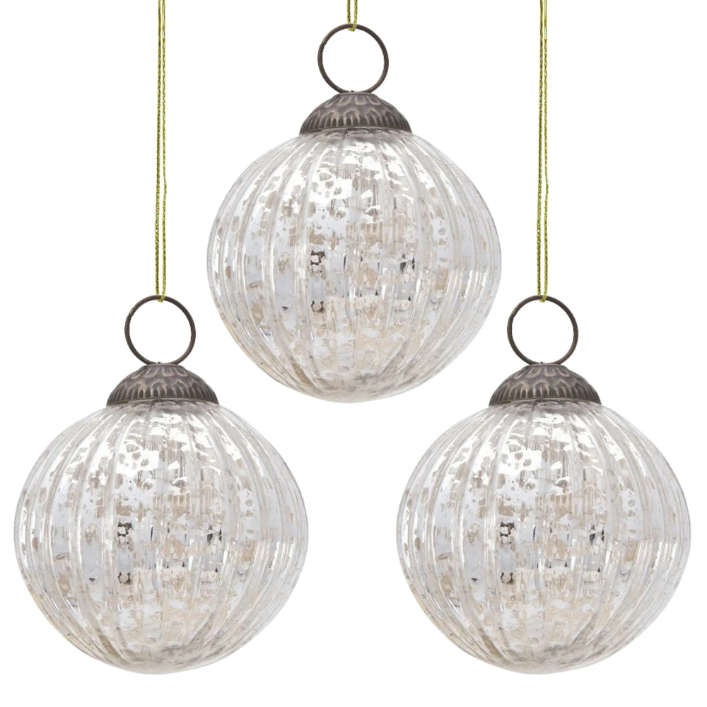 3-PACK | 3" Silver Mona Mercury Glass Lined Ball Ornament Christmas Decoration 3 3-PACK | 3" Silver Mona Mercury Glass Lined Ball Ornament Christmas Decoration