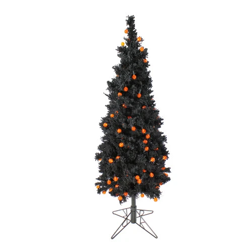 4.5' Pre-Lit Black Flocked Pencil Artificial Christmas Tree - Orange LED Lights - 30657569 3 4.5' Pre-Lit Black Flocked Pencil Artificial Christmas Tree - Orange LED Lights - 30657569