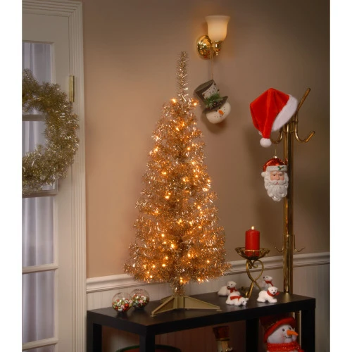 Christmas Central 4' Pre-Lit Slim Champagne Gold Tinsel Artificial Christmas Tree, Clear Lights 3 Christmas Central 4' Pre-Lit Slim Champagne Gold Tinsel Artificial Christmas Tree, Clear Lights