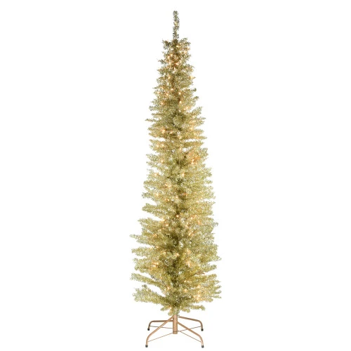 Christmas Central 6' Pre-Lit Pencil Champagne Gold Tinsel Artificial Christmas Tree, White Lights 3 Christmas Central 6' Pre-Lit Pencil Champagne Gold Tinsel Artificial Christmas Tree, White Lights