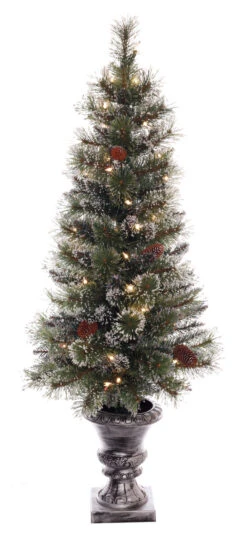 4' X 20” Pre-lit Frosted With Pine Cone Potted Artificial Christmas Tree – Clear Lights