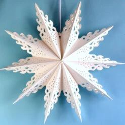 Quasimoon Pizzelle Paper Snowflake Lantern (32-Inch, White, Ice Crystal Snowflake Design) - Great With Or Without Lights - Holiday Snowflake Decorations -Christmas Decoration Shop large winter snowflake paper star lantern holiday ice crystal image 2