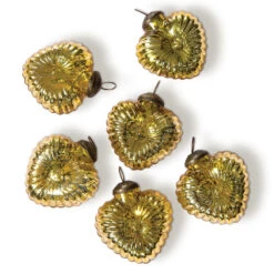 6 Pack | Vintage Mercury Heart Glass Ornaments (3-Inch, Gold, Viola Heart Design) - Great Gift Idea, Vintage-Style Decoration For Christmas, Special Occasions, Home Décor And Parties