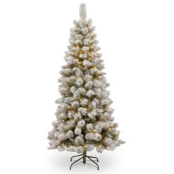 Christmas Central 7.5’ Pre-Lit Slim Snowy Bristle Pine Artificial Christmas Tree, Clear Lights