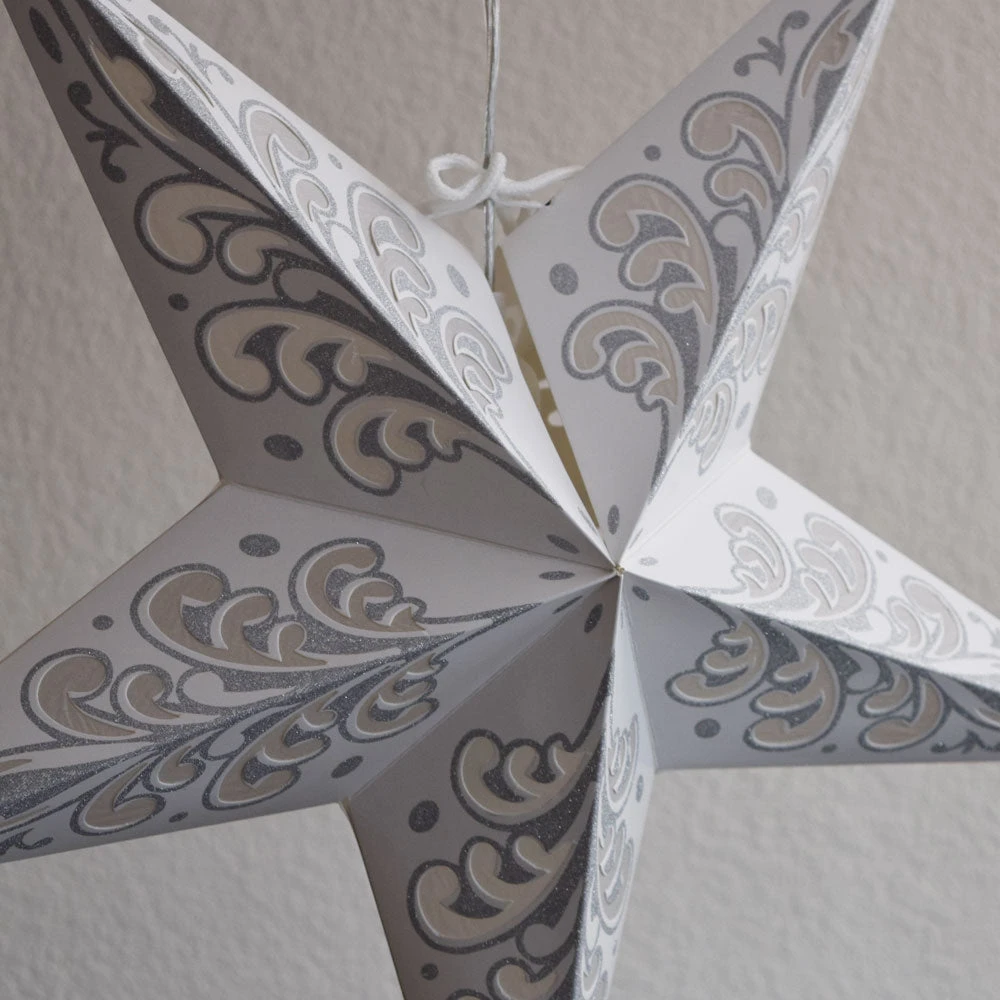24" Silver Wave Glitter Paper Star Lantern, Hanging 3 24" Silver Wave Glitter Paper Star Lantern, Hanging