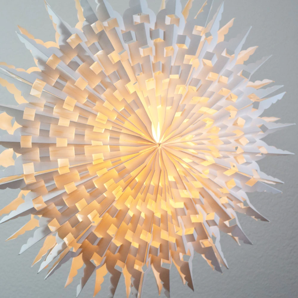 24" White Winter Fractal Christmas Holiday Snowflake Paper Star Lantern, Hanging 4 24" White Winter Fractal Christmas Holiday Snowflake Paper Star Lantern, Hanging - Image 2