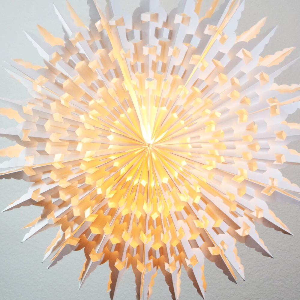 24" White Winter Fractal Christmas Holiday Snowflake Paper Star Lantern, Hanging 3 24" White Winter Fractal Christmas Holiday Snowflake Paper Star Lantern, Hanging